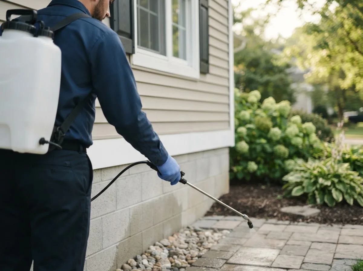 Pest control technician inspecting a home in Clyde, NY